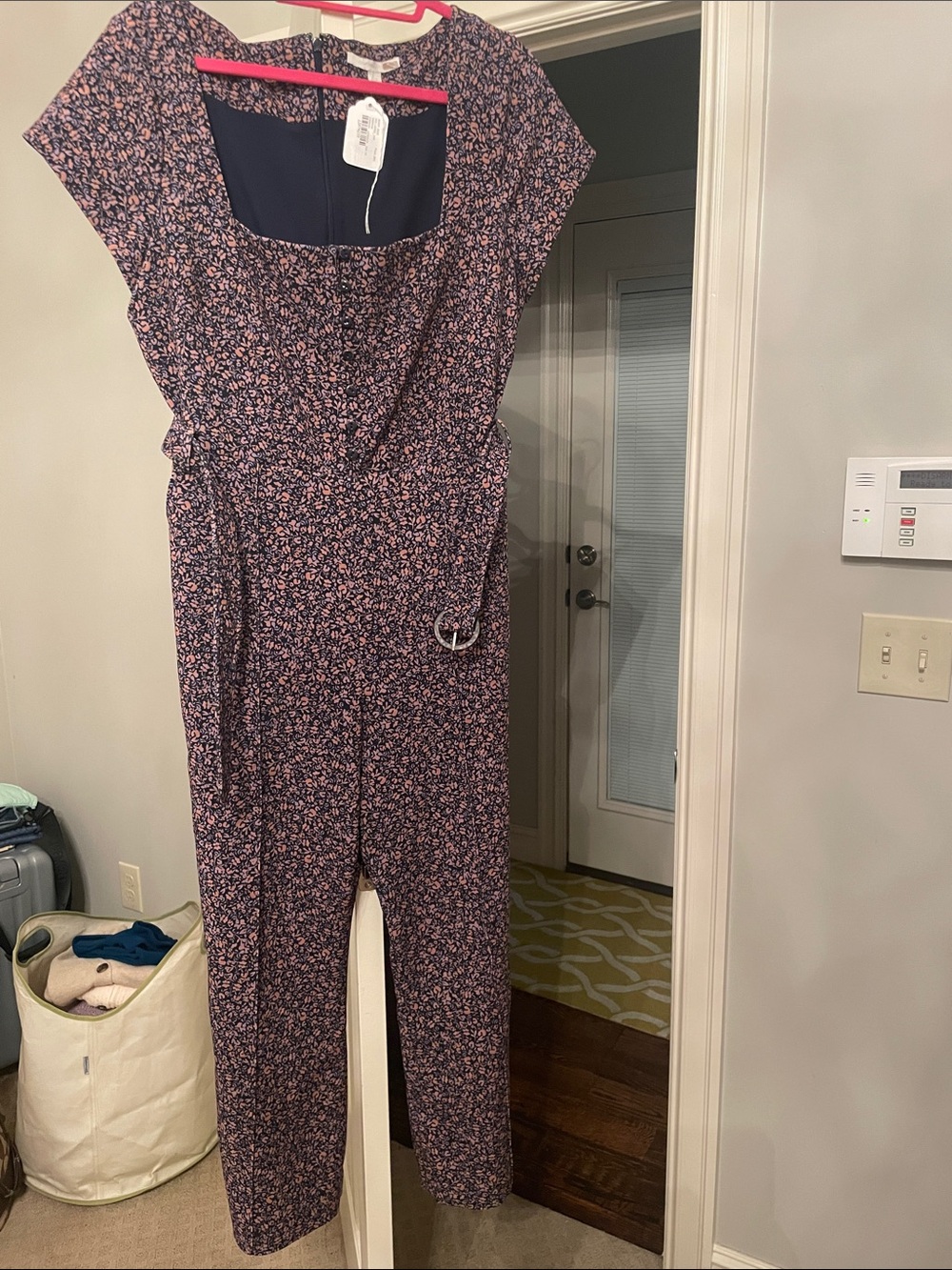 Jonathan Simkhai Navy Floral Square-Neck Jumpsuit with Pink Accents